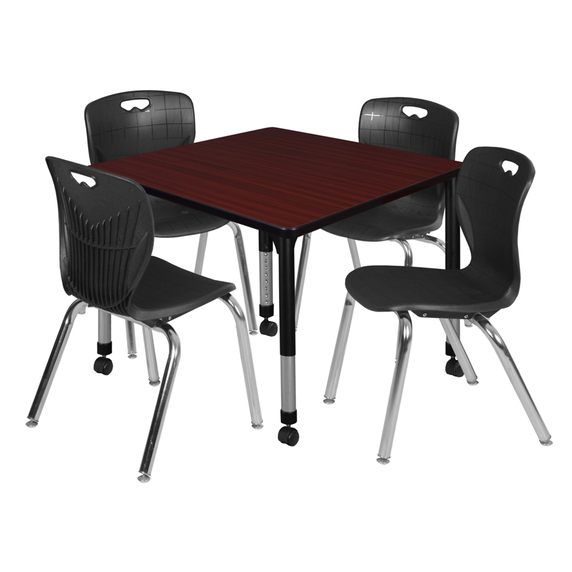 Regency Kee Mobile Adjustable Classroom Table and Andy Stack Chairs Set — 36in. Square, Mahogany/Grey, 4 Chairs, Model# TB3636MHAPCBK40BK